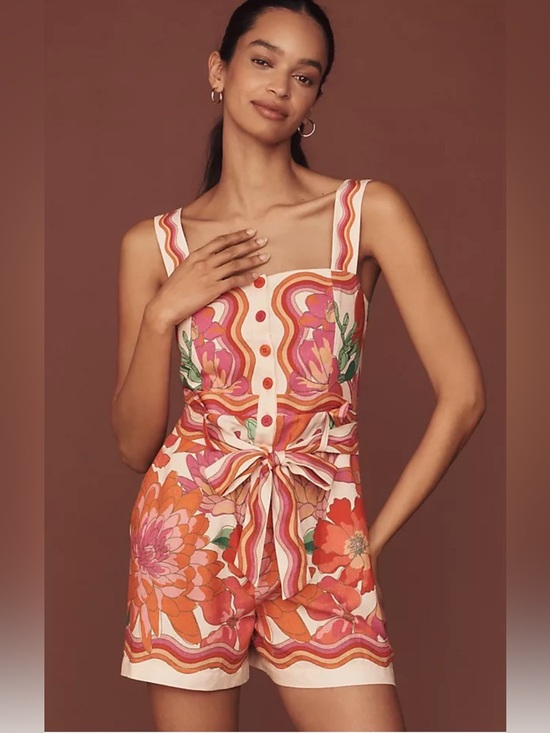 FARM Rio Pants - Farm Rio Spring Affair Linen-Blend Sleeveless Square-Neck Romper SIZE XL NWT